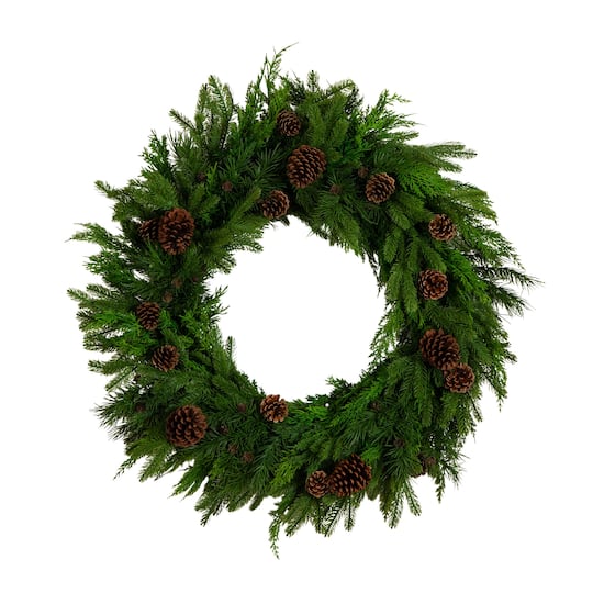 30in. Artificial Norfolk Mixed Pine Wreath with Pinecones By Nearly Natural in Green | 30" x 7" x 30" | Michaels®